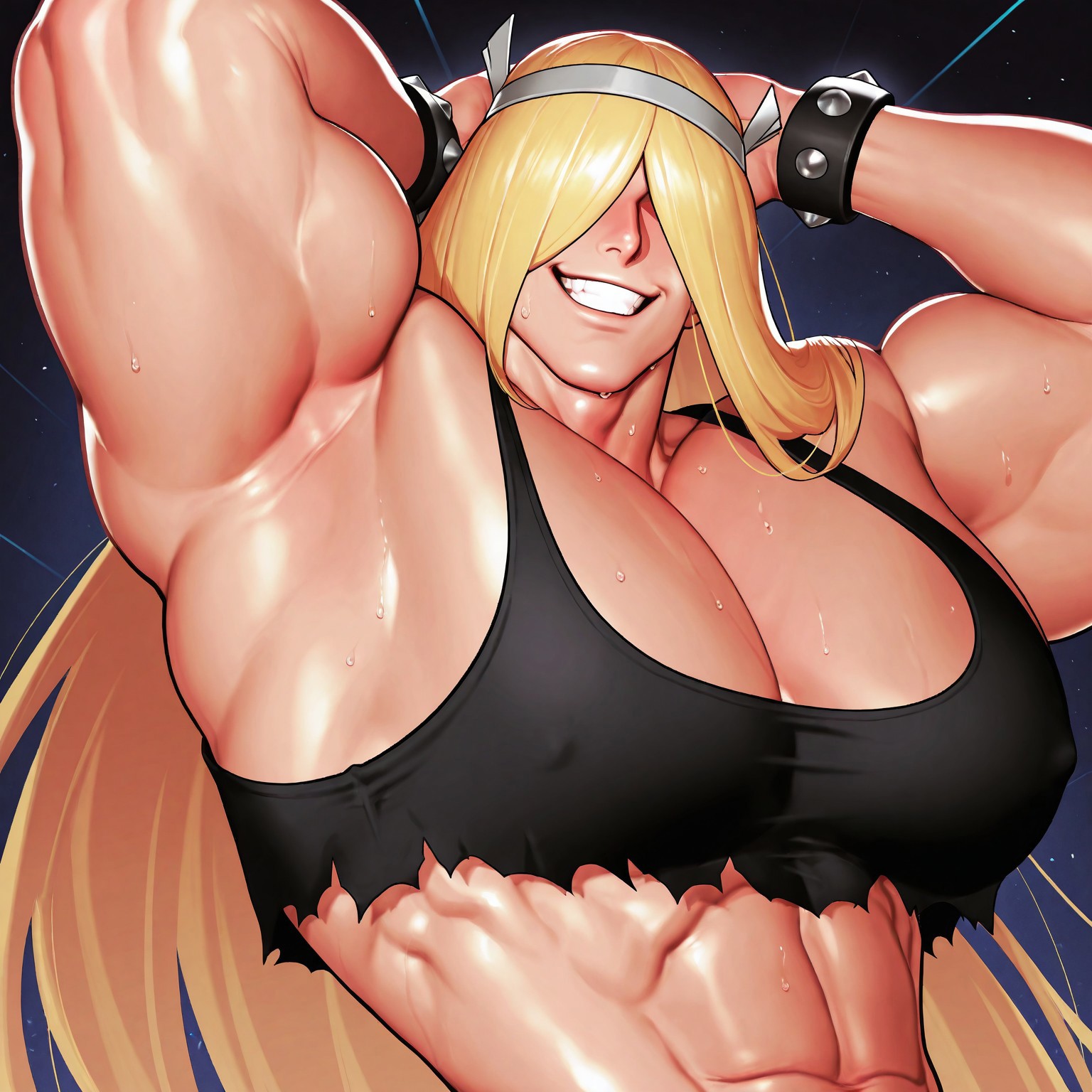 masterpiece, best quality, absurdres, newest, perfect quality, best quality, absolutely eye-catching, detailed background, intricate details, bara, 1boy, male, male focus, solo, yellow hair, long hair, very long hair, hair covering eyes, no eyes, gray sweat band, black crop top, ripped crop top, sleeveless, studded bracelets, bara, muscular, large pectorals, huge pectorals, massive pectorals, large biceps, huge biceps, small waist, looking at viewer, face close-up, portrait, looking at viewer, side view, smile, very awa, best quality, absurdres, newest, perfect quality, detailed background, intricate details, (artist:rokudenashi:0.8), (artist:dizdoodz:0.7), (artist:gomtang:0.6)