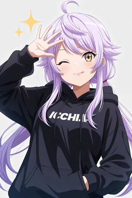 masterpiece, best quality, amazing quality,
 <lora:Ichie_IL:1> ichie, 1girl, solo, tongue, tongue out, one eye closed, hood, long hair, hood down, long sleeves, looking at viewer, black hoodie, bangs, hoodie, ahoge, hand up, upper body, purple hair, hand in pocket, twintails, sidelocks, closed mouth, brown eyes, sparkle, smile, yellow eyes