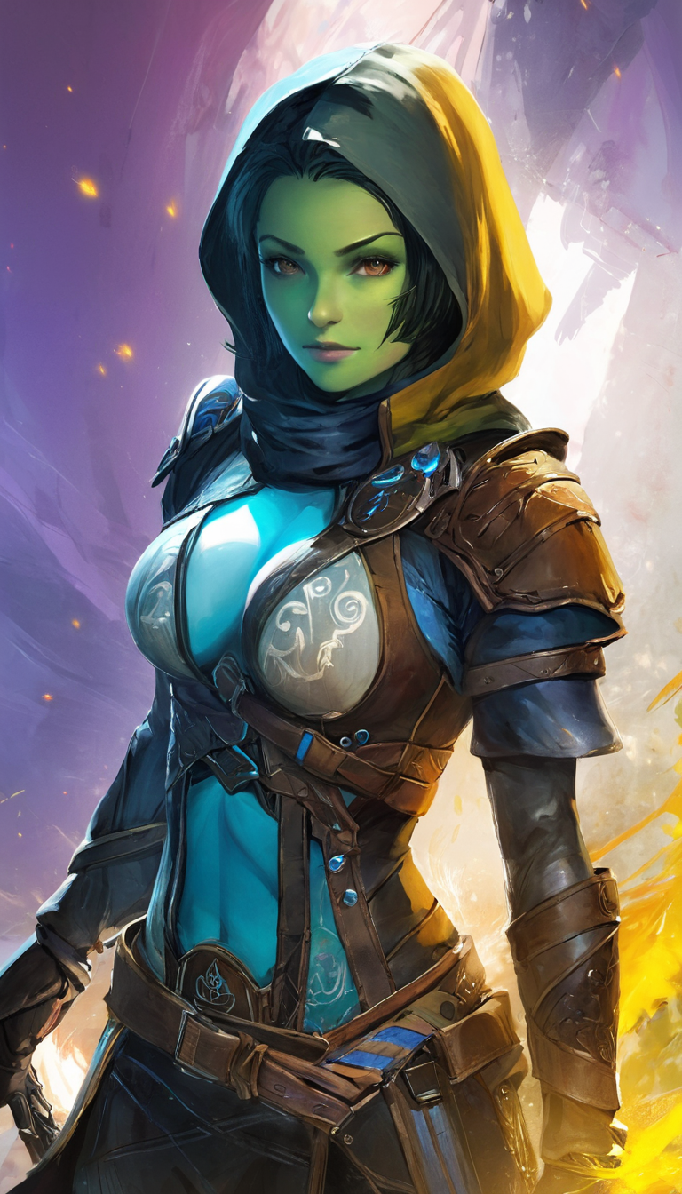 Cinematic scene, close up, portrait, colorful female rogue, masterpiece, best quality, high quality, highres, absurdres, vivid, Guild Wars 2 <lora:guild_wars_xl_v4:1>