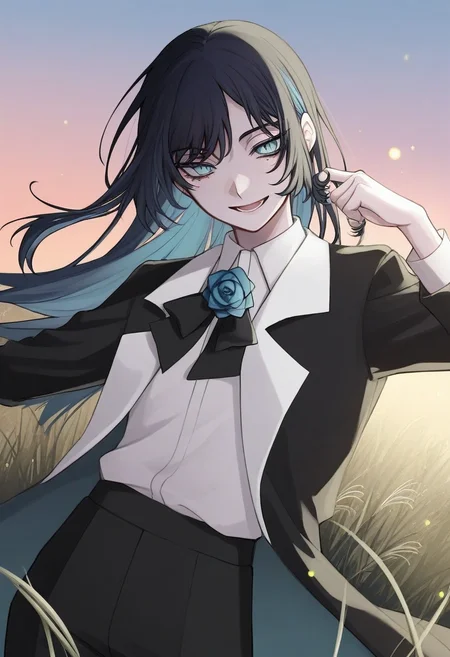 1girl, solo, chando, long hair, flower brooch, blue eyes, mole under eye, blue hair, multicolored hair, blue flower, blue rose, white shirt, collared shirt, black coat, black bowtie, black pants,
dancing, twirling, laughing, sunset field, tall grass, fireflies, soft warm light, breeze, playful energy, mid shot
, <lora:Character_Ado - Chando:0.8>