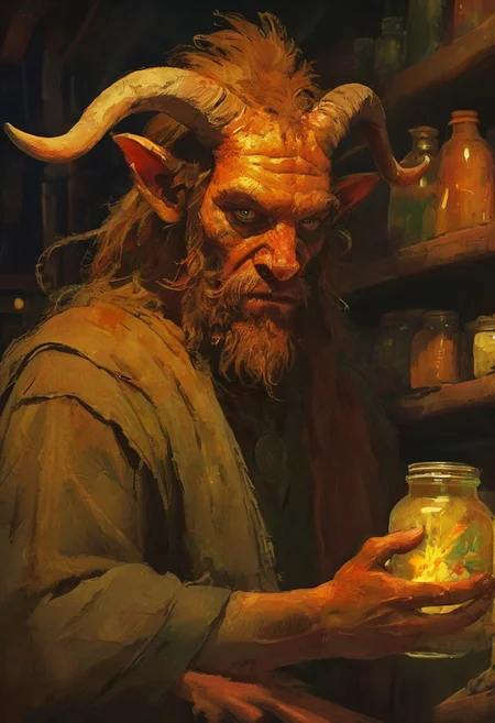 A close-up portrait of a satyr herbalist with gnarled horns and deep-set eyes, standing in front of shelves filled with dried herbs, glowing potions, and jars of preserved magical ingredients. His fur is tinged with autumn colors, and his hands are stained with the sap of rare plants. The soft glow of a fire nearby casts long shadows across his rustic workshop, the air thick with the smell of earth and incense. The vibe is intimate and esoteric, as though you’ve stumbled upon the hidden workings of ancient natural magic.
in the style of hauntingly atmospheric dark fantasy, VHS, horror, 80's horror with vibrant colors
, the scene is captured in dimly lit dark fantasy but vibrant colors, with bold ink lines defining form against the watercolor wash of the aged paper