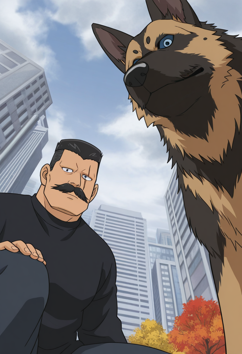 1boy, 1other, on one knee, (german shepherd:1.6), park, (close-up:1.4), from below, looking at viewer, duo, side-by-side,
BREAK
<lora:Kiyonaga_Matsumoto_from_Detective_Conan_v1.1:1> (plump:1.2),
kiyonagamatsumoto, mature male, black hair, no eyebrows, flattop, thick mustache, forked mustache, scar across eye, anime screenshot,
BREAK
day, city, cityscape, day, cloudy sky, autumn, black sweater,
BREAK
very awa, masterpiece, best quality, absurdres, newest, perfect quality, detailed background, intricate details,
