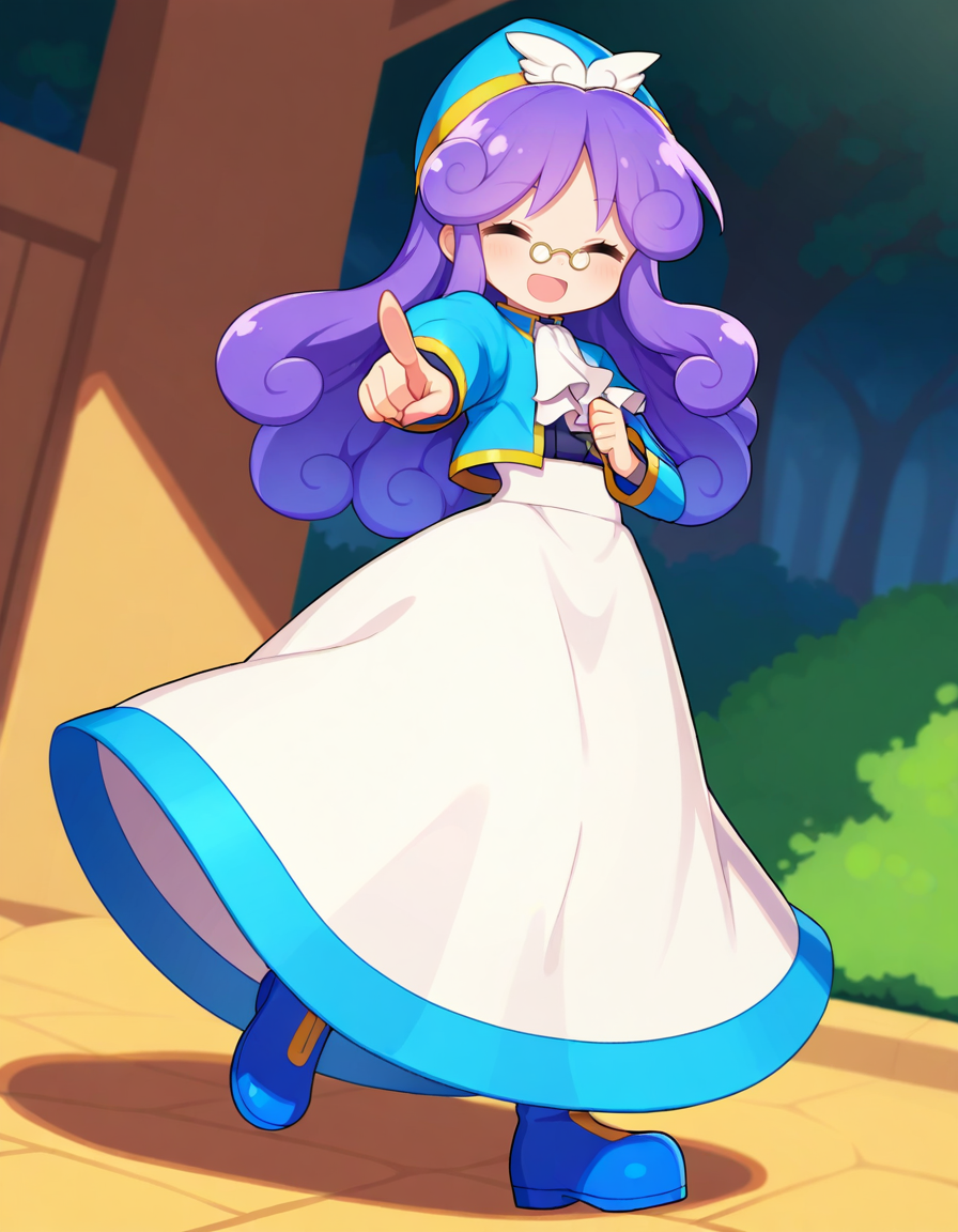 <lora:PAccord_SDXL_Illustrious11_fp16_ver01:1>,PAccord, 1girl,long hair, purple hair,curly hair,pince-nez,closed eyes,blue headwear,blue jacket,white dress,ascot, blue footwear,pointing at viewer, masterpiece, best quality, very aesthetic, absurdres,<lora:detailed_hands:1>,hand