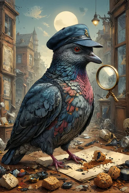 Pigeon in a detective hat, magnifying glass in beak, investigating a "crime scene" with breadcrumbs
(masterpiece, award winning artwork)
many details, extreme detailed, full of details,
Wide range of colors, high Dynamic
<lora:xl_more_art-full_v1:0.65>
<lora:InkArtXL_1.2:0.8> ink art, line art
<lora:EldritchMixIllustration_1.0:0.25>
<lora:xray:0.21>