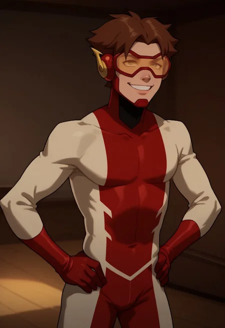 score_9, score_8_up, score_7_up, highly detailed, cute boy, 1boy, solo, Impulseyj, red framed goggles yellow lenz, red and white bodysuit, brown hair, smug smile, hands on hips