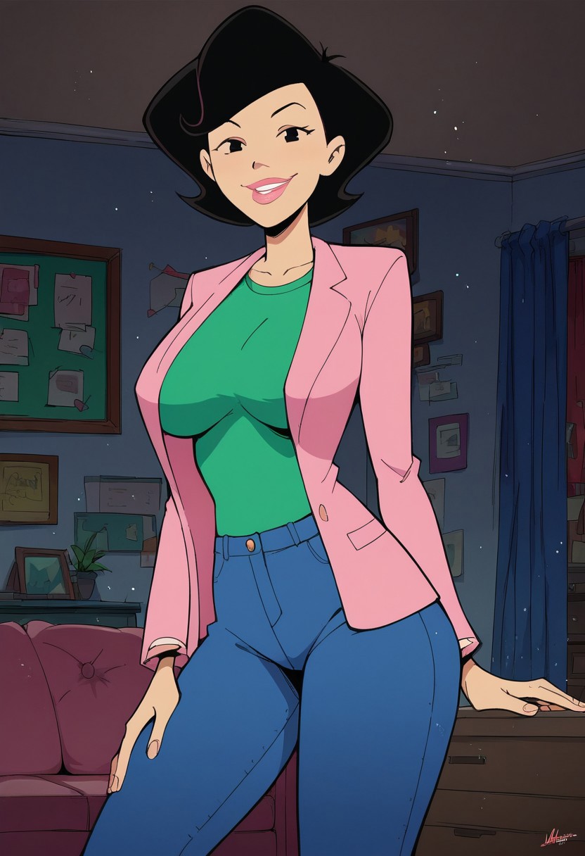 score_9, score_8_up, score_7_up, score_6_up, score_7_up, source_cartoon,BREAK, 1girl, susanlongv1, looking at viewer, pink lips, smile, black hair, black eyes, mature female, large breasts, curvy, squinting, green shirt,pink blazer,blue jeans, in the livingroom,evening, volumetric lighting, light particles
