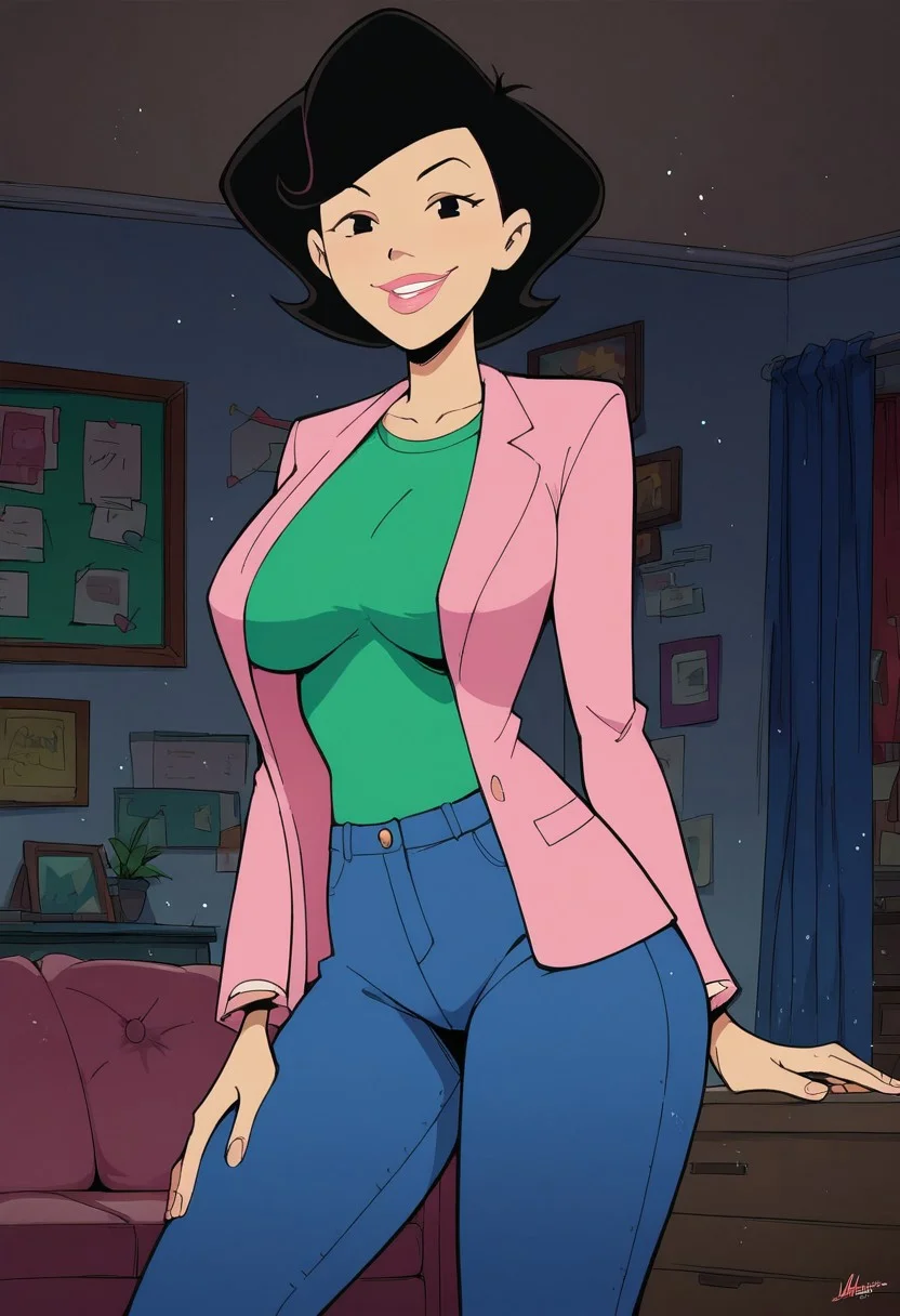 score_9, score_8_up, score_7_up, score_6_up, score_7_up, source_cartoon,BREAK, 1girl, susanlongv1, looking at viewer, pink lips, smile, black hair, black eyes, mature female, large breasts, curvy, squinting, green shirt,pink blazer,blue jeans, in the livingroom,evening, volumetric lighting, light particles