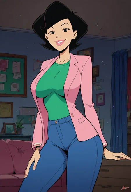 score_9, score_8_up, score_7_up, score_6_up, score_7_up, source_cartoon,BREAK, 1girl, susanlongv1, looking at viewer, pink lips, smile, black hair, black eyes, mature female, large breasts, curvy, squinting, green shirt,pink blazer,blue jeans, in the livingroom,evening, volumetric lighting, light particles