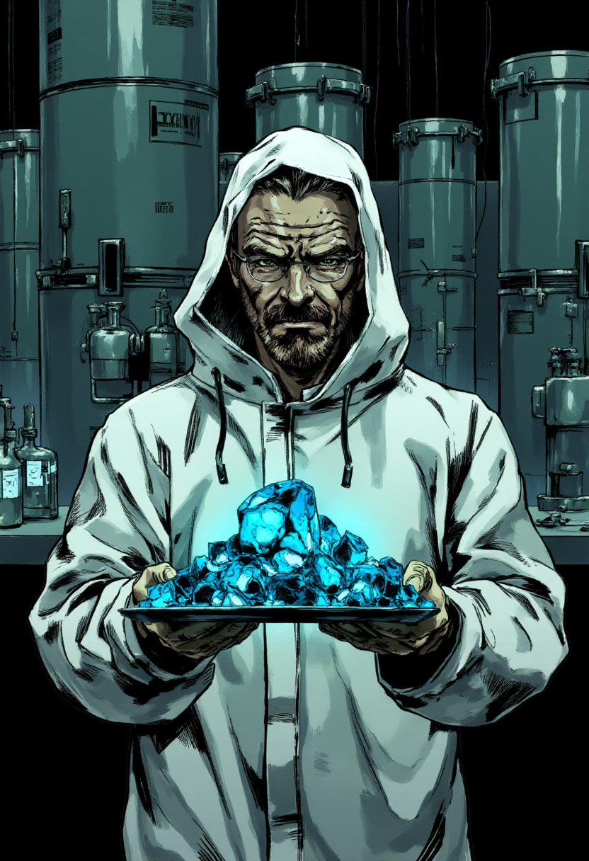 <lora:Yoji_Shinkawa_Style_FLUX-000012:0.8>
This image is a stylized digital illustration with a gritty yshinkawa cyberpunk anime aesthetic, showcasing  Walter White from Breaking Bad in a hazmat suit in and underground laboratory holding a tray full of small blue crystals