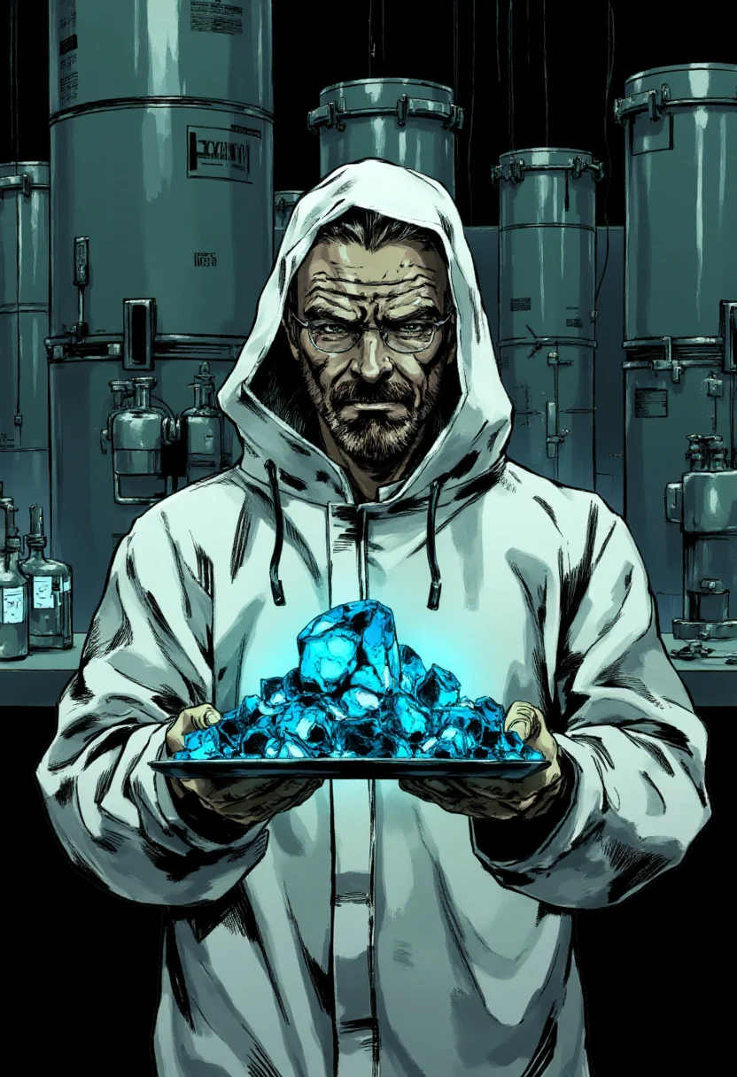<lora:Yoji_Shinkawa_Style_FLUX-000012:0.8>
This image is a stylized digital illustration with a gritty yshinkawa cyberpunk anime aesthetic, showcasing  Walter White from Breaking Bad in a hazmat suit in and underground laboratory holding a tray full of small blue crystals
