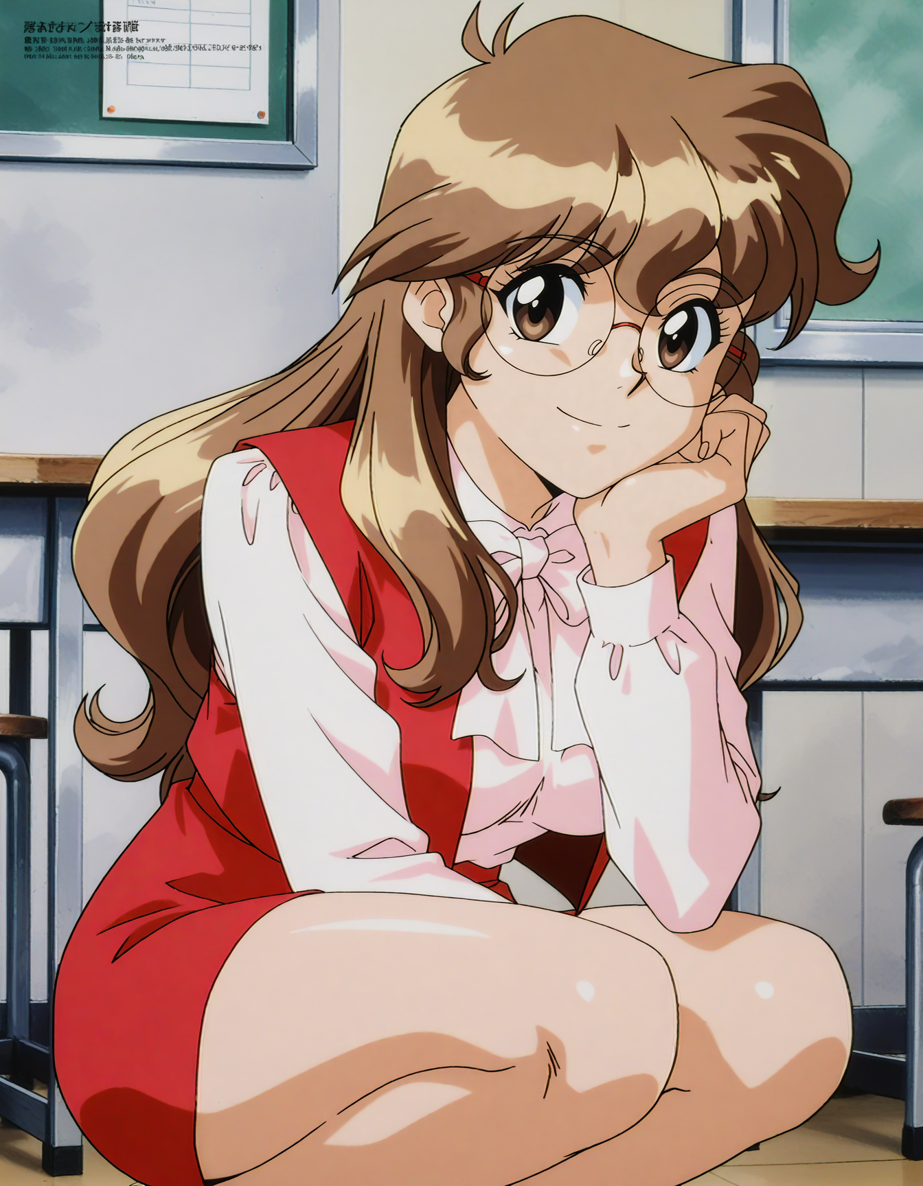 anime artwork (key:-1.5), <lora:Hyper-SDXL-8steps-lora:1>,
masterpiece,best quality,highres,source_anime,anime screencap,anime coloring,megami magazine,sidelighting,shiny luminous,shiny skin,
takagi haruka, haruka_default, 1girl, solo, long hair, skirt, breasts, large breasts, brown hair, brown eyes,
rimless eyewear, glasses, round eyewear,
long sleeves, vest, red skirt, white bow, pencil skirt,
smile,
<lora:takagi_haruka_IL:1>,
cowboy shot, squatting, classroom,  . anime style, key visual, vibrant, studio anime,  highly detailed