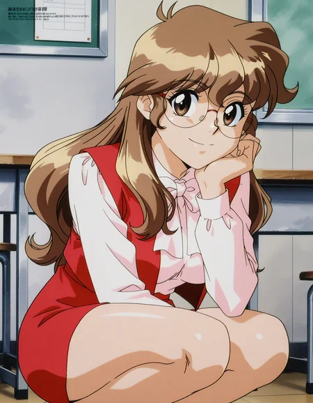 anime artwork (key:-1.5), <lora:Hyper-SDXL-8steps-lora:1>,
masterpiece,best quality,highres,source_anime,anime screencap,anime coloring,megami magazine,sidelighting,shiny luminous,shiny skin,
takagi haruka, haruka_default, 1girl, solo, long hair, skirt, breasts, large breasts, brown hair, brown eyes,
rimless eyewear, glasses, round eyewear,
long sleeves, vest, red skirt, white bow, pencil skirt,
smile,
<lora:takagi_haruka_IL:1>,
cowboy shot, squatting, classroom, . anime style, key visual, vibrant, studio anime, highly detailed