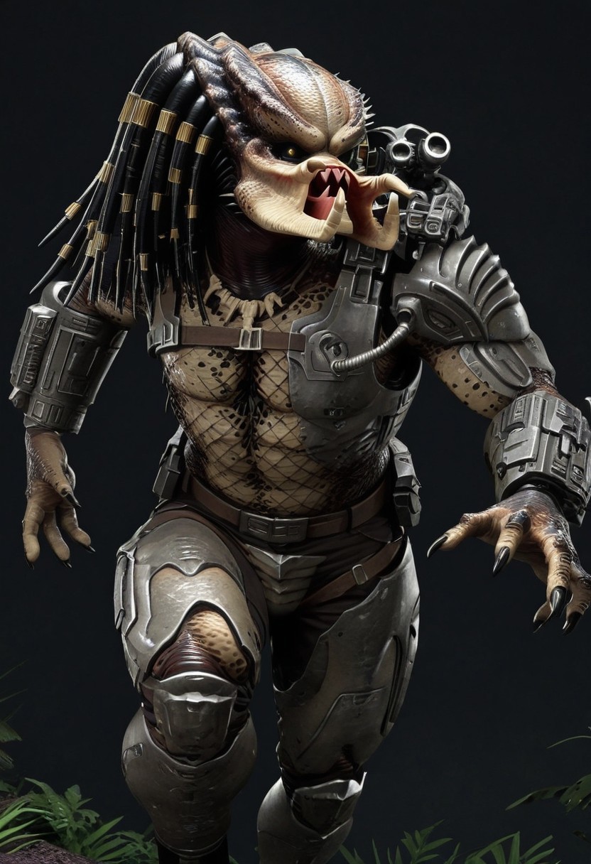 masterpiece, best quality, score_9, score_8_up, score_7_up, score_6_up, score_5_up, score_4_up, source_furry, male, (solo:1.5), (yautja:1), masculine, monster, fullbody, armor, running, abstract background, simple background, dynamic pose, necklace,  anthro, alien, dreadlocks, mandibles