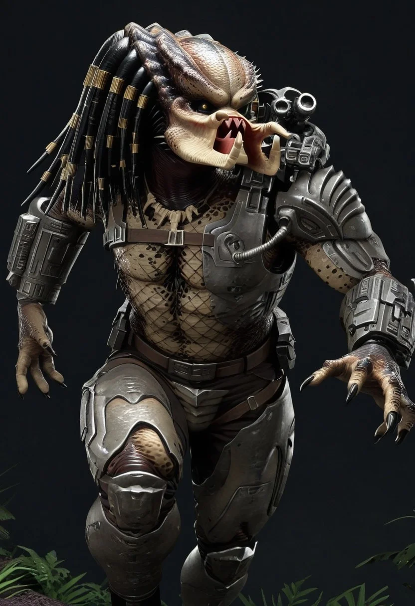 masterpiece, best quality, score_9, score_8_up, score_7_up, score_6_up, score_5_up, score_4_up, source_furry, male, (solo:1.5), (yautja:1), masculine, monster, fullbody, armor, running, abstract background, simple background, dynamic pose, necklace, anthro, alien, dreadlocks, mandibles