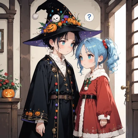 score_9, score_8_up, score_7_up, extremely high resolution, extremely detailed, 4k, source_anime, (((2girls))),looking at each other, girla and girlb, (ultra HD quality details), anime, slightly chibi, BREAK, girla, on the left, black witch costume, black witch hat,confused, tilted head, question mark, BREAK,
girlb, on the right, santa claus costume, confused, BREAK, (detailed image, high resolution, 5k resolution:1.0), trick or treat, veranda, at the door, holding bags, halloween aesthetics, evening, d4rkpurp