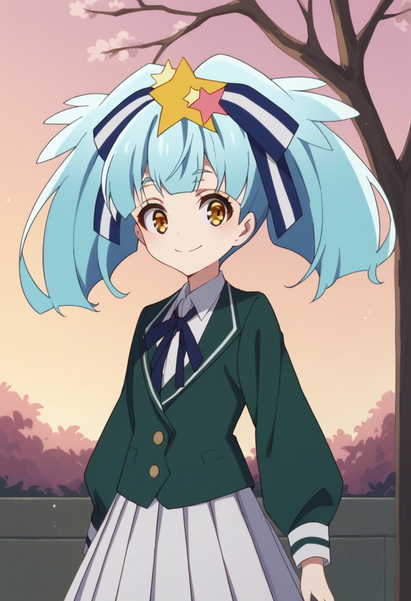 score_9, score_8_up, score_7_up, source_anime, highly detailed, 
lilyhoshikawa, 1girl, solo, twintails, hair ornament, skirt, star hair ornament, star (symbol), upper body, ribbon, 
smile, blue hair, pleated skirt, 
 jacket, looking at viewer, green jacket, school uniform, white skirt, long hair, hair ribbon, long sleeves,
outdoor, sky, tree