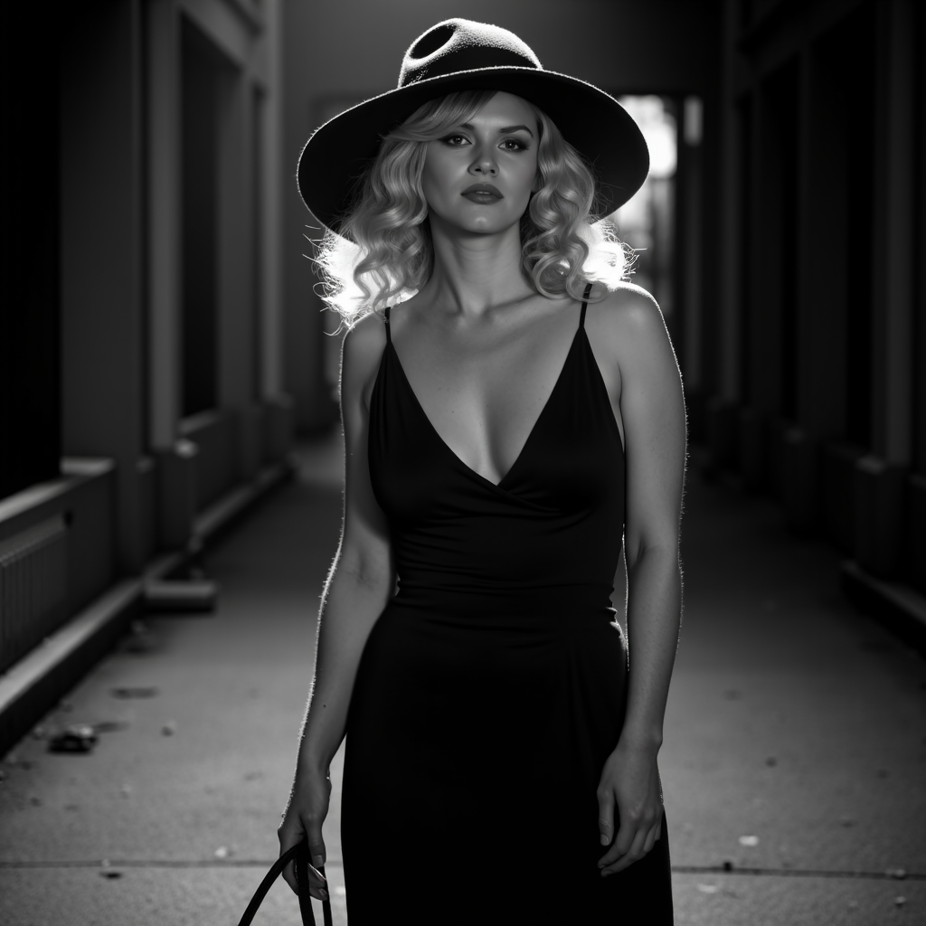 A breathtaking blonde goddess, with ultra-detailed textures and skin, wearing a fancy dress and hat in 1930s film noir style, stands with a small purse on a lonely street. The black and white photography captures her enigmatic expression and the dramatic lighting, casting deep shadows. The composition frames her from the mid-torso up, highlighting her glamorous attire and the atmospheric setting.. chiaroscuro, noirstyle <lora:noirsexyxxx:1>