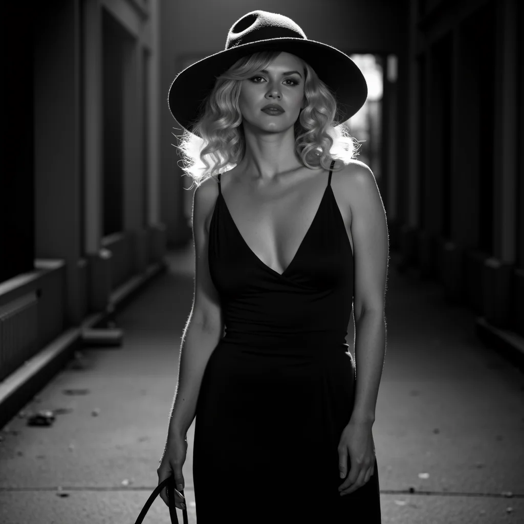 A breathtaking blonde goddess, with ultra-detailed textures and skin, wearing a fancy dress and hat in 1930s film noir style, stands with a small purse on a lonely street. The black and white photography captures her enigmatic expression and the dramatic lighting, casting deep shadows. The composition frames her from the mid-torso up, highlighting her glamorous attire and the atmospheric setting.. chiaroscuro, noirstyle <lora:noirsexyxxx:1>