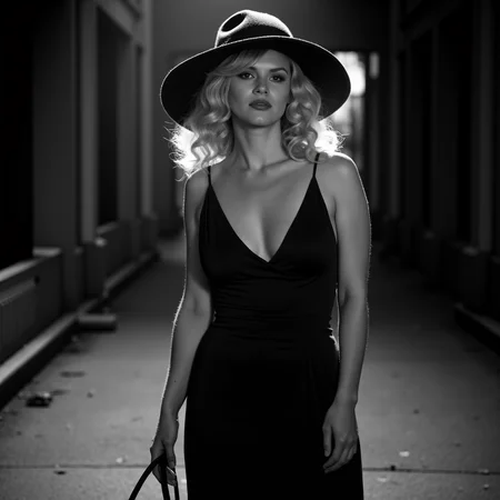 A breathtaking blonde goddess, with ultra-detailed textures and skin, wearing a fancy dress and hat in 1930s film noir style, stands with a small purse on a lonely street. The black and white photography captures her enigmatic expression and the dramatic lighting, casting deep shadows. The composition frames her from the mid-torso up, highlighting her glamorous attire and the atmospheric setting.. chiaroscuro, noirstyle <lora:noirsexyxxx:1>