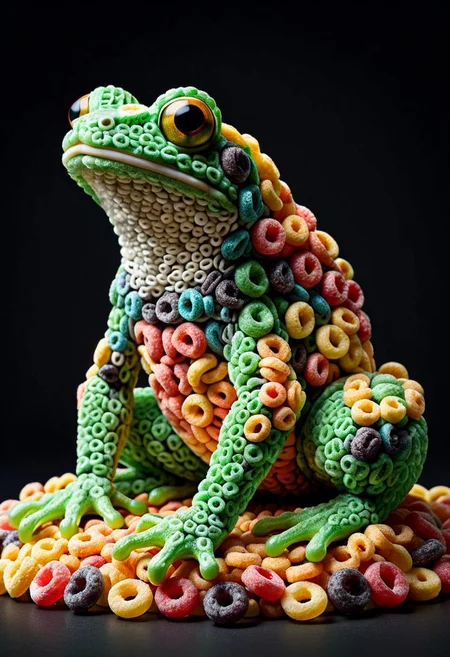 A photorealistic image of a majestic frog made of fruit loops,
intricate details, dramatic composition, tension, contrast, texture, realism, high quality, stunning art, film grain, volumetric lighting, detailed, 
simple background, black background,