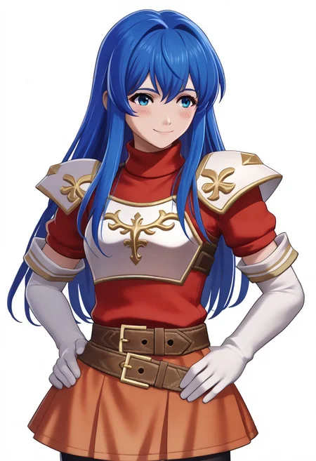 score_9, score_8_up, score_7_up, source_anime, 1girl, solo, blush, smile, hands on hips <lora:zs_FEWarriorsPortraitsXL:1> fewarriorsportraits, portrait, white background,   <lora:caeda-fe-richy-v1_pdxl:1> caedadef, blue eyes, blue hair, long hair, bangs, turtleneck, red shirt, shoulder armor, pauldrons, breastplate, multiple belts, brown belt, white gloves, elbow gloves, red skirt, black thighhighs, white boots, smile, looking at viewer