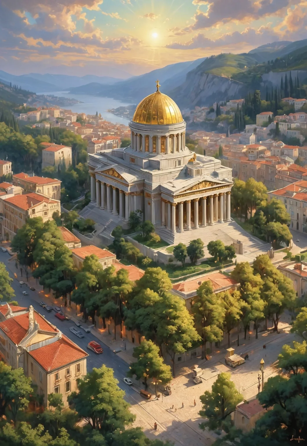 grey, A radiant European Greek city bathed in golden light, dedicated to the worship of the Greek Sun God. 1 grand European temple building made of gleaming gold and adorned with sun motifs, statues rising high above the streets. in background Green trees creating depth, and contrast, The European temple stands at the center of the city, casting blessings on the people below, beautiful oil matte painting, romantic, style of thomas kinkade, beautiful digital painting,anime landscape, romantic painting, dreamlike digital painting,colorful painting,beautiful gorgeous digital art,style of greg rutkowski,janek sedlar,jenny saville:0] <lora:vivid_everclear:0.6> <lora:Sinozick:0.65> 