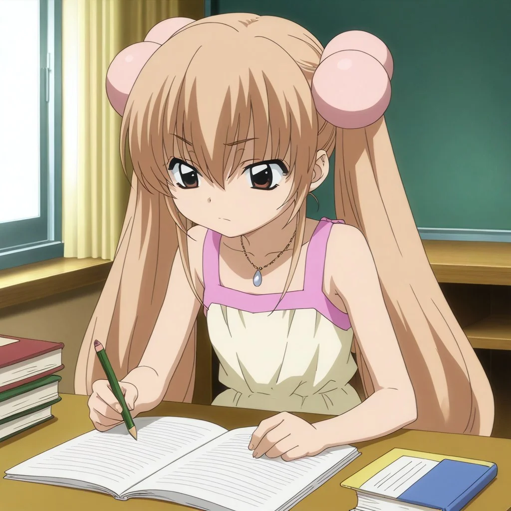 masterpiece, best quality, 1girl, kokonoe rin, light brown hair, brown eyes, twin tails, petite, skinny, serious, dress, necklace, holding object, pencil, table, indoors, book, studying, sitting