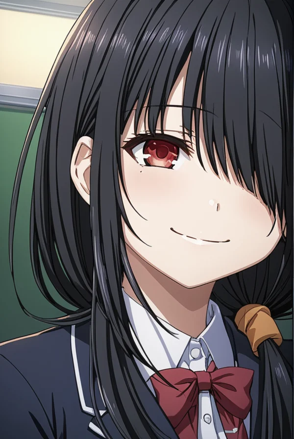 masterpiece, best quality, highres, 4k, 8k, intricate detail, cinematic lighting, amazing quality, amazing shading, soft lighting, Detailed Illustration, anime style,
kurumitokisaki, <lora:kurumi-tokisaki-s1s2-sdxl-lora-nochekaiser:0.75>,
kurumi tokisaki school uniform, long hair, skirt, black hair, red eyes, long sleeves, ribbon, school uniform, jacket, pleated skirt, bag, hair over one eye, blue skirt, blazer, school bag, black blazer, smile,
indoors, classroom,
looking at viewer, dutch angle,