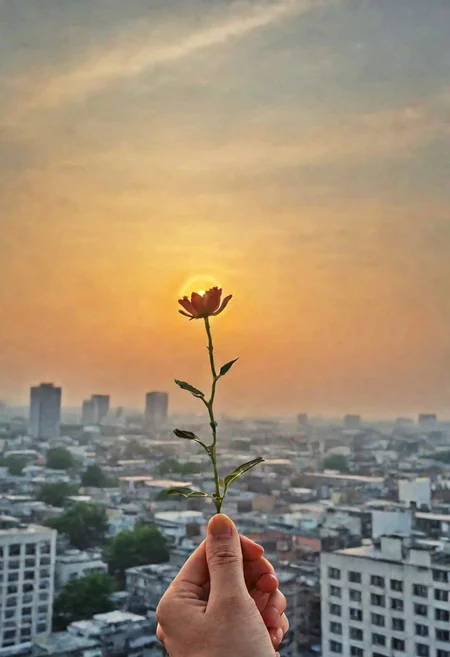 F-B-C, POV, foreground:  a hand holding a flower stem , background: sunset above city , effect: the sun as a flower