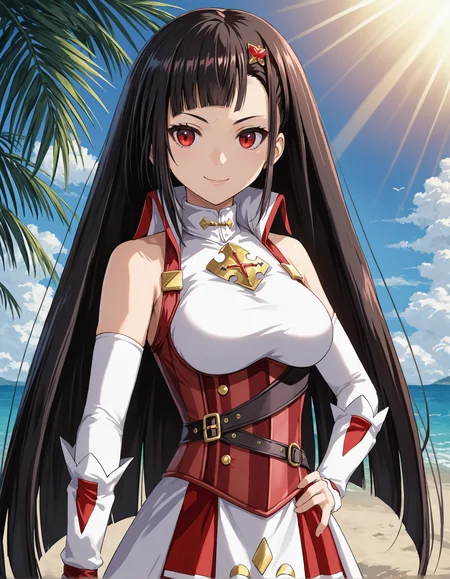 score_9, score_8_up, source_anime, 1girl, upper body, medium shot, detailed, mgrcsasaraminagi, sasaramgc, black hair, very long hair, asymmetrical bangs, red eyes, red hairpin, high collar, white sleeveless dress, gold chest guard, red corset, white elbow gloves, white wrist guards, (red skirt under dress:0.9), hand on hip, light smile, outdoors, beach, day, light rays, (side view:0.6), <lora:mgrcsasaraminagi_XL:0.9>