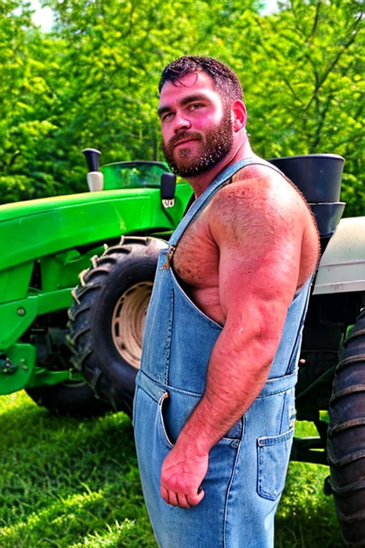 gorgeous male portrait of musclebearcoffee, from the side, looking at viewer, wearing farmer's denim overalls, hairy body, sweaty body sunny farm  background, manly, gorgeous lighting, out of focus farm tractor background
