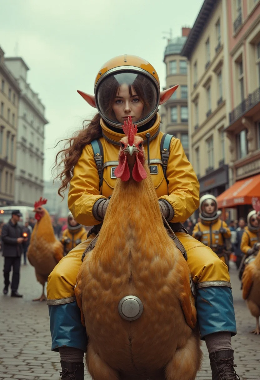 female elf, in her early 30s, hair vents, crossed bangs, riding a gigantic rooster meets tiny space bunnies wearing yellow and blue space suit, with a round helmet with metallic rabbit ears, London, analog raw photo, whimsical masterpiece, cinematic grain