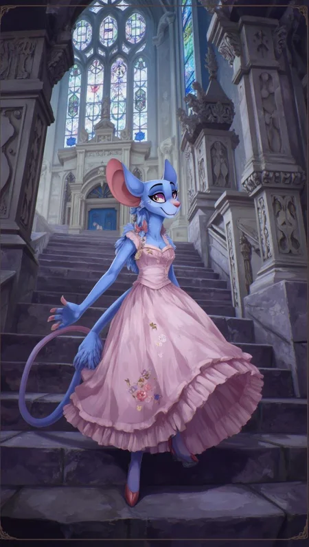 <lora:ck-LttleGhost-000011.safetensors:1> in the style of ck-lttlegh0stA blue mouse in a pastel pink dress with floral embroidery walks down stone steps, surrounded by stained-glass windows and ornate carvings. Her joyful expression and sparkly eyes capture an aura of enchantment, amidst a whimsical fairy-tale setting.