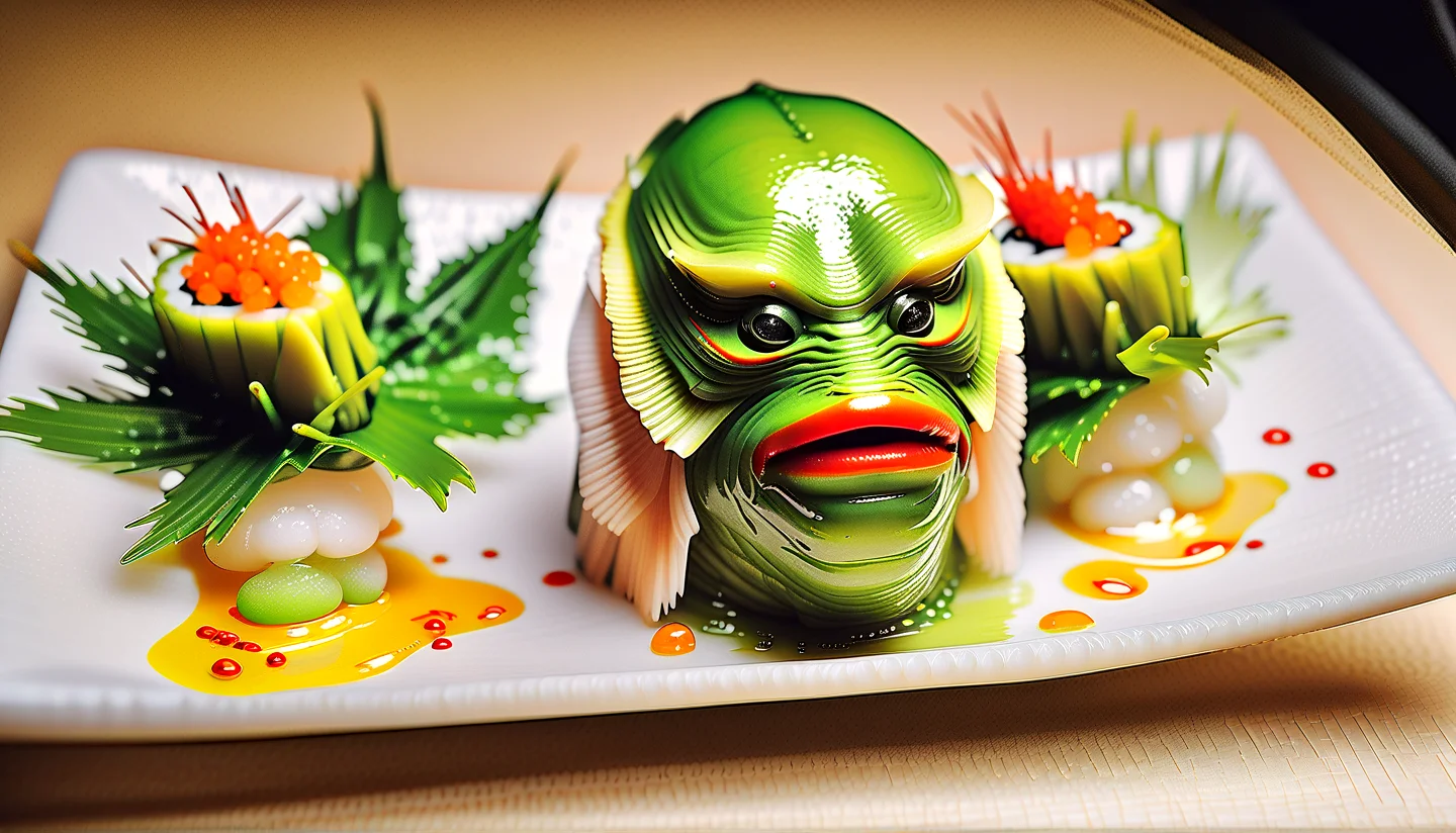sushi made of (Gill_man:1.4) face,(charming light:1.15),in a luxury sushi restaurant,served on ice rocks, lemon soja sauce, foodporn, wasabi,served on a beautyfull wodden plate, rice,,