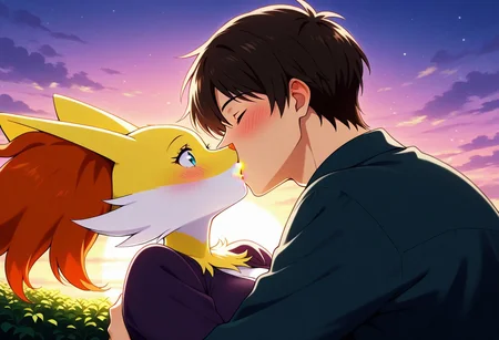 moe, cute,masterpiece, super fine illustration, best quality, light particles, ultra-detailed, 8K wallpaper,romantic,
outdoors, sunset,from_side, looking_at_another, 1boy,1girl,couple, romantic couple,
interspecies,hug,holding partner, ((kissing,kiss,kiss on lips:2.0)),blush,zuppu11,
BREAK,
human,human male, shirt, short hair, blue eyes,surprised,
BREAK,
furry,furry female,pokemon,pokemon \(creature\), delphox,yellow fur,closed eyes,