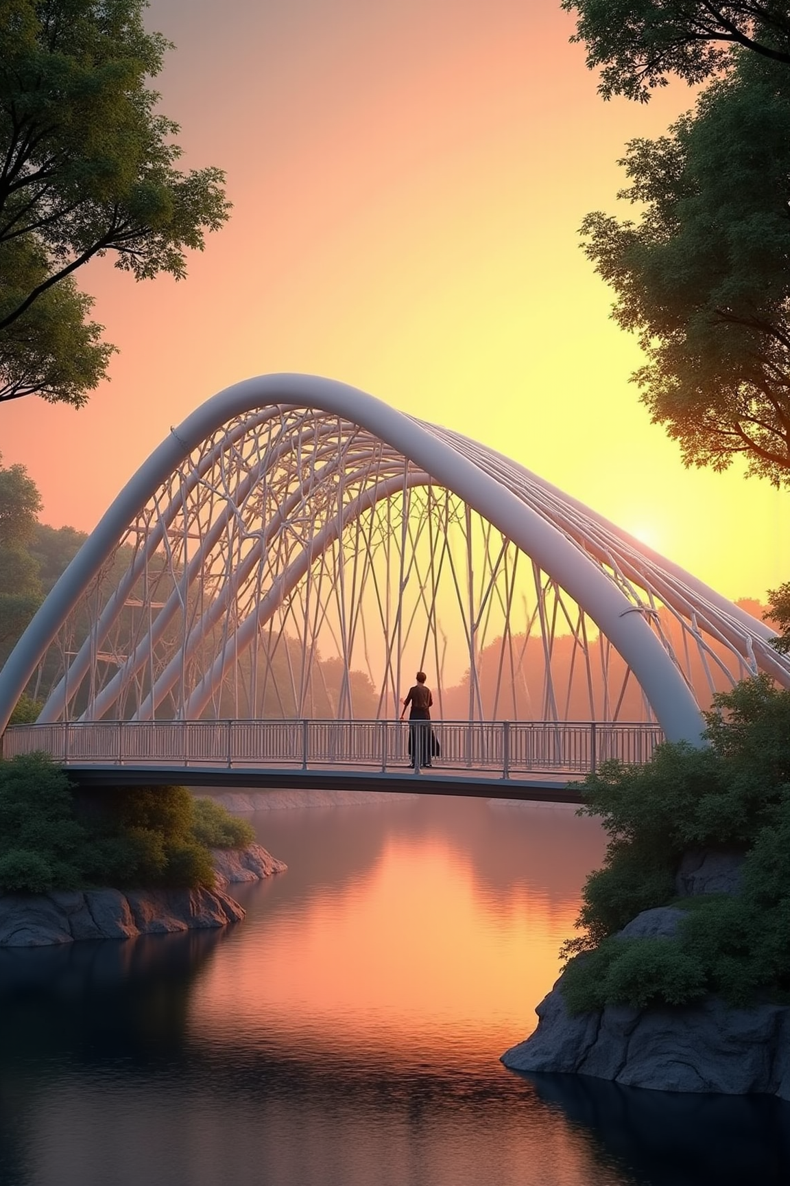 YFG-Sm0rg, Create an intricate architectural scene of a Calatrava-style bridge spanning a serene lake at dusk. The bridge's skeletal structure should be made up of interconnected white steel beams with subtle curves, evoking a sense of fluidity and dynamism.
The sky above should be a warm orange-yellow hue, gradually deepening to rich shades of coral and pink towards the horizon. Reflected in the calm lake waters below, the vibrant colors will create an impression of depth and dimensionality.
To add an air of mystique, subtle water mist should rise from the lake's surface, as if kissed by the fading sunlight. The surrounding landscape should be a lush tapestry of emerald greenery, with dense foliage spilling over the bridge's supports and framing the dramatic scene.
The main character in this image is the bridge itself, but for added context, a lone figure can be depicted walking along its length, perhaps lost in thought or observing the breathtaking view. This pedestrian should be dressed in attire that complements the natural environment, such as earthy tones and flowing fabrics.
Skin texture, hair, and clothing details are essential to bring depth and visual interest to this scene. The bridge's steel beams should appear weathered yet elegant, with a soft sheen to suggest the passage of time. Consider incorporating subtle lighting effects, like the warm glow of streetlights or luminescent vegetation, to further enhance the ambiance.
Composition-wise, the scene should be symmetrical, with the bridge positioned directly above the lake's center, and the surrounding foliage framing it like a natural work of art.