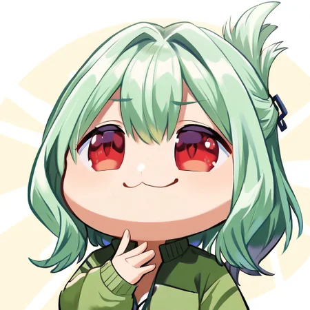 chibi, Solo, 1boy, male, slender body, cute face, green hair, medium hair, bangs, hair between eyes, folded ponytail, hair intakes, red eyes, detailed eyes, perfect anatomy, detailed skin, detailed eyes, perfect hands, perfect face, BREAK jacket, green jacket, long sleeves, sleeves past wrists, black thighhighs, black shorts, smalls shorts, white shoes, closed jacket, BREAK smug face, BREAK ((ultra-detailed)), ((best quality)), ((best quality)), ((beautiful eyes)), ((extremely detailed)), 4K, (8K), best quality, (beautiful), Master piece, highres, score_9, score_8_up, score_7_up, score_6_up, score_5_up, score_4_up, colorful, best quality, official art, highres, masterpiece, nai3, god light, detailed background, high quality background, Emote , high quality, high res , highly detailed face, white background, chibi  ,  upper body close up
