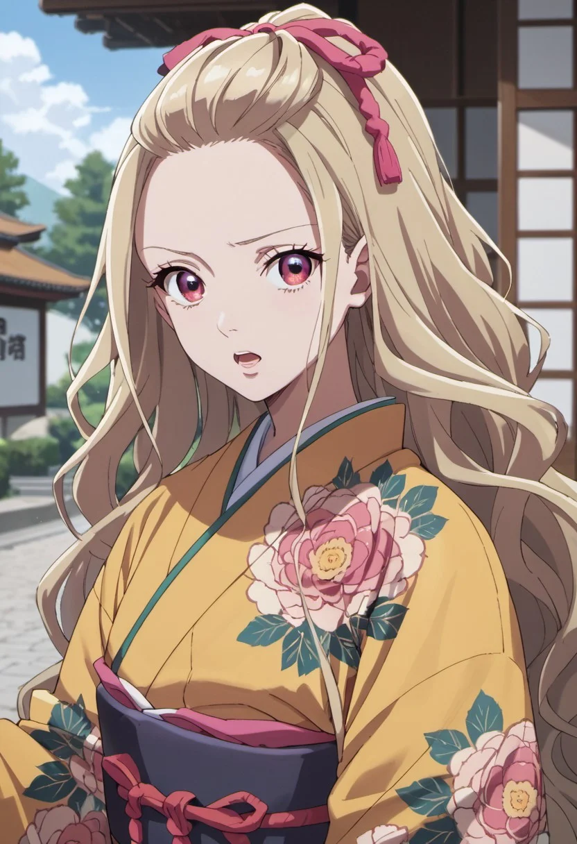 score_9, score_8_up, score_7_up, source_anime, saimori kaya, long hair, blonde hair, pink eyes, 1girl, solo, open mouth, anime coloring, hair ornament, japanese clothes, looking at viewer, kimono, outdoors