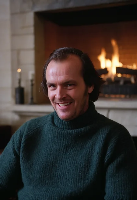 Shin1ng, Jack Torrance, man, evil grin, closeup, fireplace, lounge, Overlook Hotel, indoors, (bright natural light)