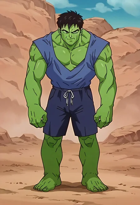 zPDXL3, score_9, score_8_up, score_7_up, score_6_up, score_5_up, source_anime, anime_screencap, source_cartoon, film grain, looking at viewer, fullbody shot, 1male, solo, hulk, outdoors, day, dbstyle