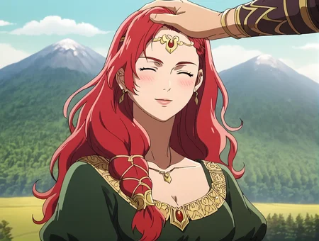 score_9, score_8_up, score_7_up, (anime coloring), anime screencap, clean outlines, <lora:HeraLOTR:0.95>, HeraLOTR, red hair, long hair, braid, (green dress), jewelry, circlet, earrings, green eyes, flowing hair, long flowing sleeves, upper body, breasts, headpat, pov hands, nature, mountains, detailed background, realistic background, godrays, depth of field, shadows, angle, yellow tint, bright smile, closed eyes, facing viewer, blush <lora:Headpat_XLPD:1>