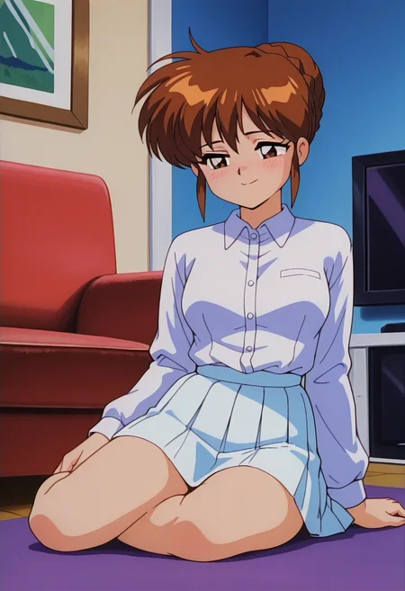 masterpiece, best quality, amazing quality, absurdres, retro artstyle, 1girl, solo, retro artstyle, yayoiww, brown eyes, brown hair, short hair, hair bun, single hair bun, braid, medium breasts, collared shirt, long sleeves, white pleated skirt, <lora:Yayoi_Nageki_no_Kenkou_Yuuryouji_ill:0.9>, sitting, yokozuwari, arm support, (sad smile), closed mouth, blush, indoors, living room, skindentation, detailed clothing folds, depth of field, sharp, high contrast, dynamic light