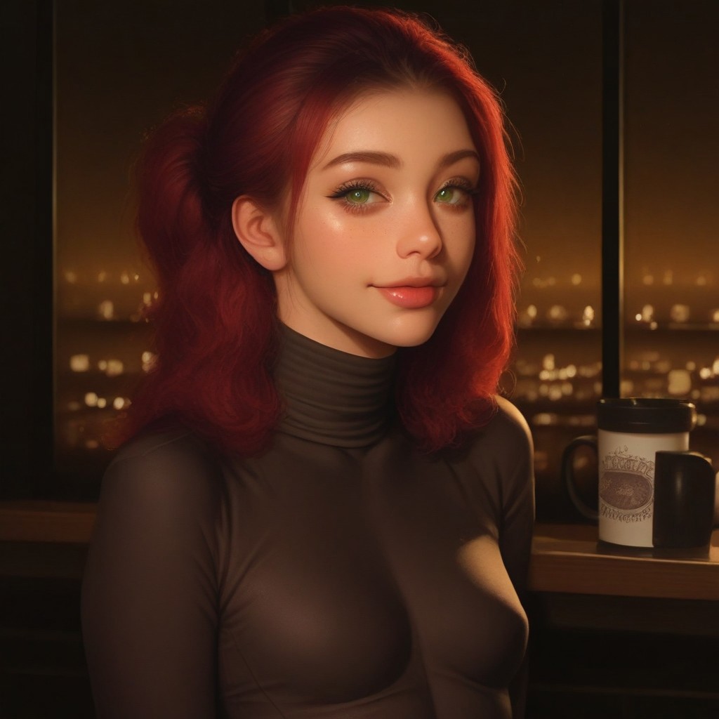 artist:moriimee, sinfully stylish, dramatic lighting, long shadows, soft light, masterpiece,best quality,amazing quality, absurdres, european coffee shop, plain black coffee mug, moody lighting, sleek green turtleneck, 1girl, sexy woman, ((solo woman)), 38 years old, hair in messy ponytail, green eyes, red hair, ( perky (small breasts)), (full juicy lips), tan, aroused,sunshine, sexy smile, eye contact, looking seductively at viewer, full color, realistic skin texture, freckles, moles, wrinkles