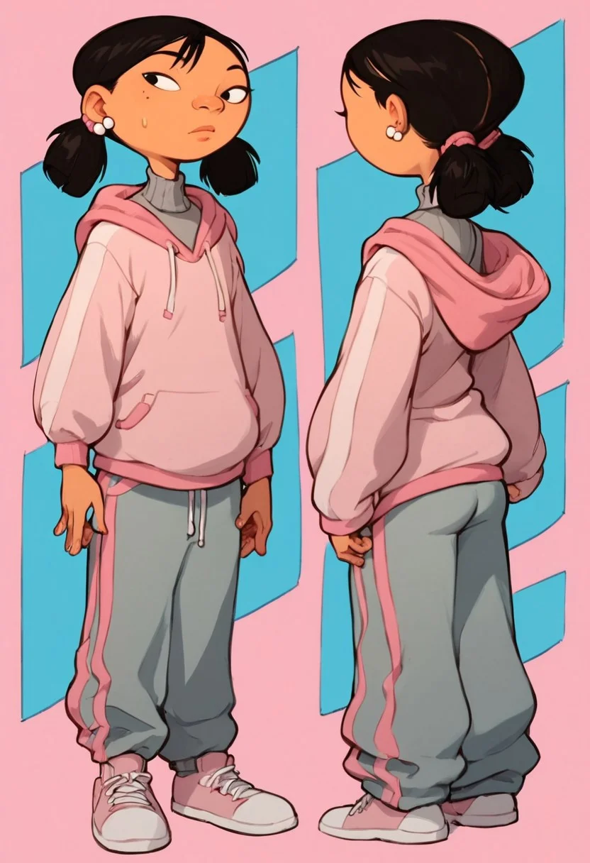 score_9_up, score_8_up, score_7_up, score_6_up,), (high quality), (high resolution), Expressiveh, (Elaine Pituskin, dark-skinned female, light brown skin, black eyes, black hair, short twintails, low twintails, pearl earrings, grey turtleneck shirt, pink hoodie, hood down, oversized hoodie, grey sweatpant with pink stripes, white shoes, ass back view), standing, looking at view, upper body, front view, BREAK, colorful background, pink background, blue background, BREAK, score_9, score_8, score_7,