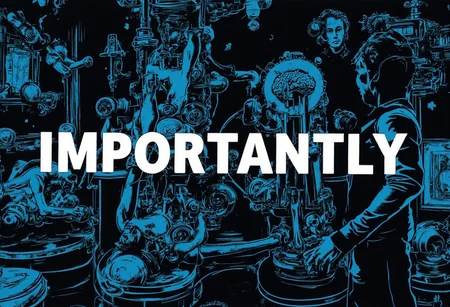 the words 'IMPORTANTLY' written in large font fills the front of frame. In the back of frame weird man with in a dark room with checkerboard blue lotus PEOPLE ARE trapped inside machinery, people crushed inside mechanical gears, high gore arms crushed and bent, signs of wailing, people in business suits trapped in machinery. floors with blood on the ground with a white interior cyber tech electricity electical circuits illuminati symbols with brains and vaginas with high technology alchemical background lightning bolts