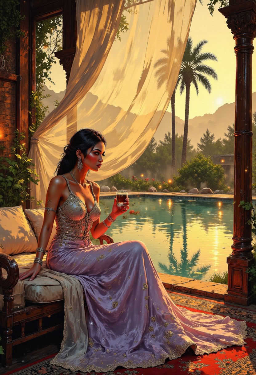Dubai Desert Oasis – Soft Lavender Dress
A stunning young woman sits on a luxurious outdoor lounge at a hidden desert oasis near Dubai, surrounded by palm trees and golden dunes. She wears a flowing soft lavender dress with intricate gold detailing, the delicate fabric swaying with the warm desert breeze. A sheer white curtain flutters gracefully between two carved wooden pillars, casting gentle shadows on the Persian rug beneath her. The golden sunset reflects in the still waters of the oasis as she sips a cup of spiced tea, lost in the serenity of the desert.