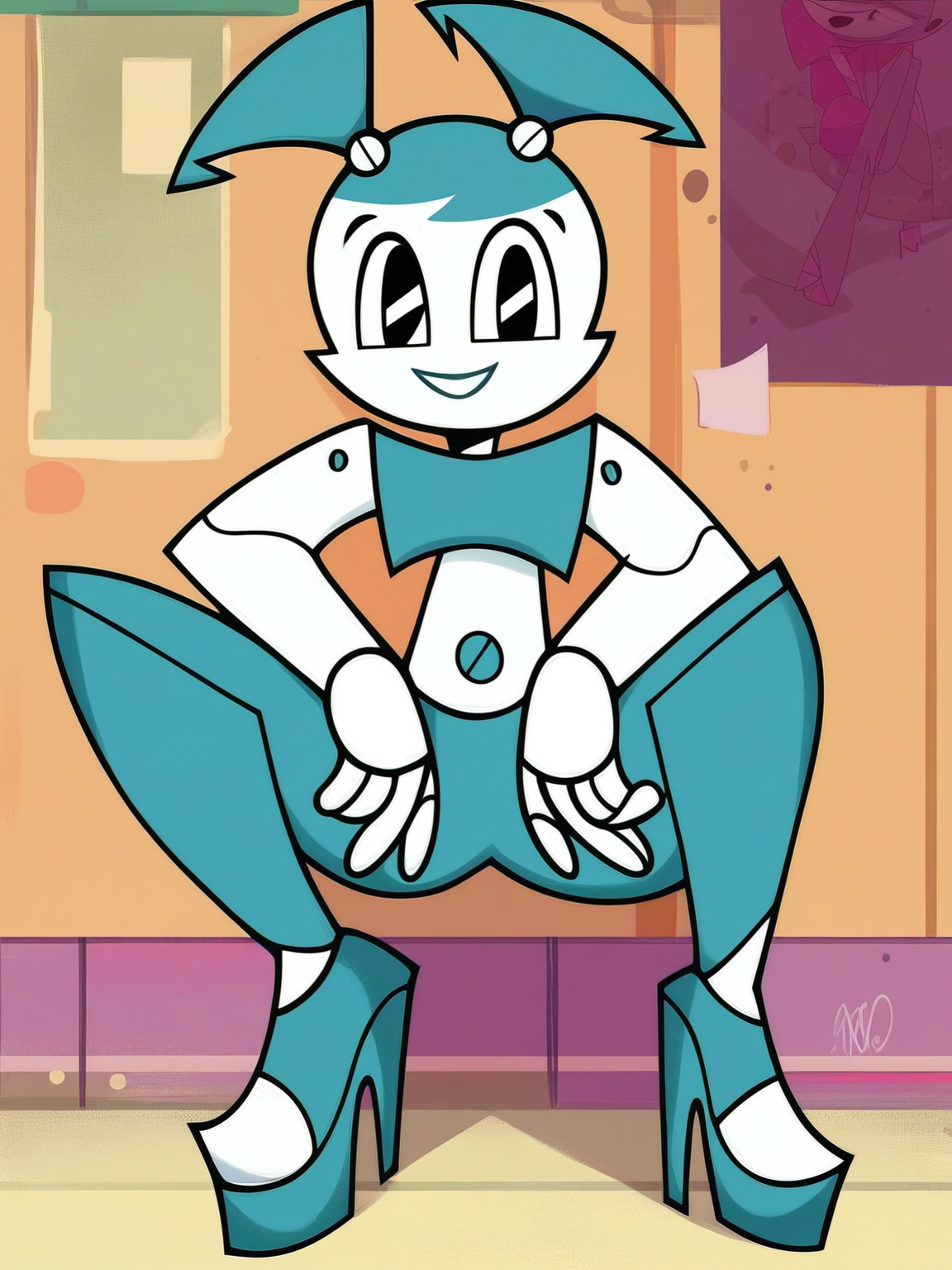 <lora:XJ-9:0.9>, x_j_9, 1girl, robot, blue hair, black eyes, looking at viewer, squatting, front view, spreading legs, platform heels, score_9, score_8_up, score_7_up,