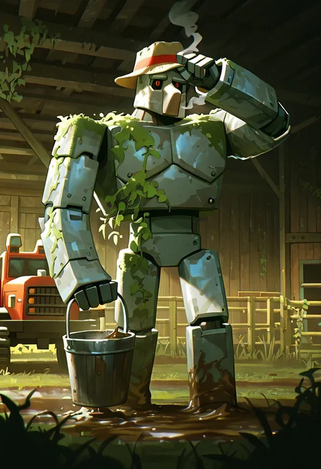 masterpiece, best quality, amazing quality, very aesthetic, absurdres, newest, cinematic, movie scene, foreground blur, 
ironglem, no humans, , black sclera, red pupils,  standing, solo, robot, big nose, long nose, no mouth, plant, grey metal body, vines, mecha, moss, ,  thick gray monobrow, big arms, red pupils, wide shoulders, big body, short legs
wearing hat, farmers hat, overalls, red bandanna, smoke breath, steam, wiping forehead, mud, holding bucket, tractor, farm, barn, hey bales, fences,