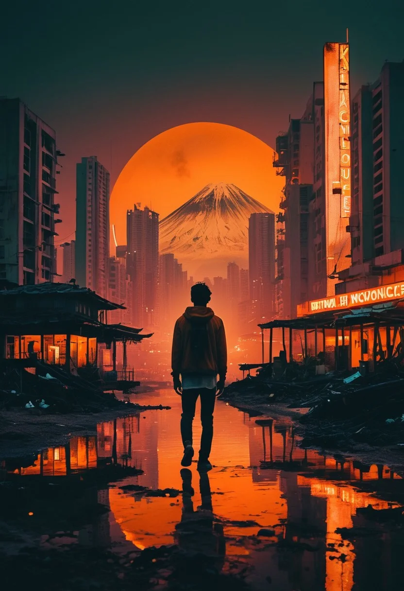 **Analog Film Photo** (Kodachrome, Lomography-inspired) of a **Mixed Media Collage** (à la Januz Miralles), featuring:
* **Ultra-Realistic** depiction of **Malé, Maldives**, transformed into a **Cyberpunk Metropolis**, with **Mt. Fuji-esque** skyscrapers, blending **futuristic architecture** with **natural landscape**.
* **Wizardcore**-inspired, handsome young man, with a **mischievous glint**, casting a spell amidst:
	+ **Whimsical, Neon-Lit** cityscape (nighttime scene with cinematic lighting).
	+ **Intricate, Abstract Geometric Gradients** (rich orange colors, stunning background).
	+ **Dark, Moody** atmosphere, with a **mesmerizing blend of light and shadow**.
* **Masterpiece** qualities:
	+ **Highly Detailed**, **Photorealistic Textures**.
	+ **Film Grain**, **Vignette**, **Vintage** aesthetic.
	+ **Absurdres**, **Faded Film**, **Desaturated** elements, enhancing the surreal experience.
	+ **Centered Composition**, with a **paint smudge** on a simple background, adding a touch of **Stripcore** whimsy.