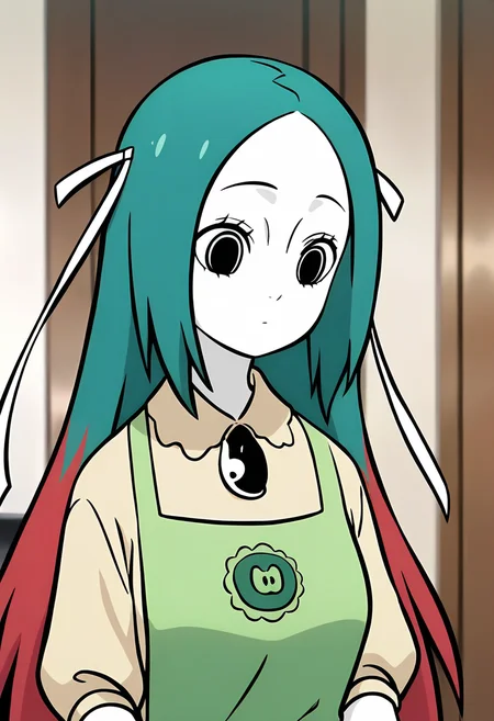 <lora:jingwei:1>,jingwei,1girl,solo,long hair,multicolored hair,red hair,green hair,hair ribbon,white ribbon,black_pulpil,white skin,
 green apron, shirt,, masterpiece,best quality,amazing quality,absurdres, anime screenshot,